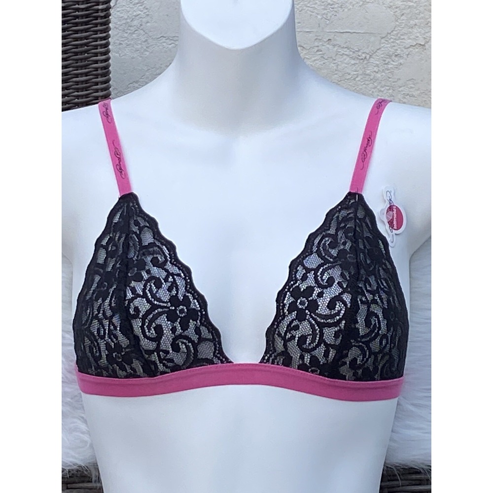Ed Hardy Bralette "SIGNATURE LACE BRALETTE" Sz. M Black Lace pink EDH Logo Staps